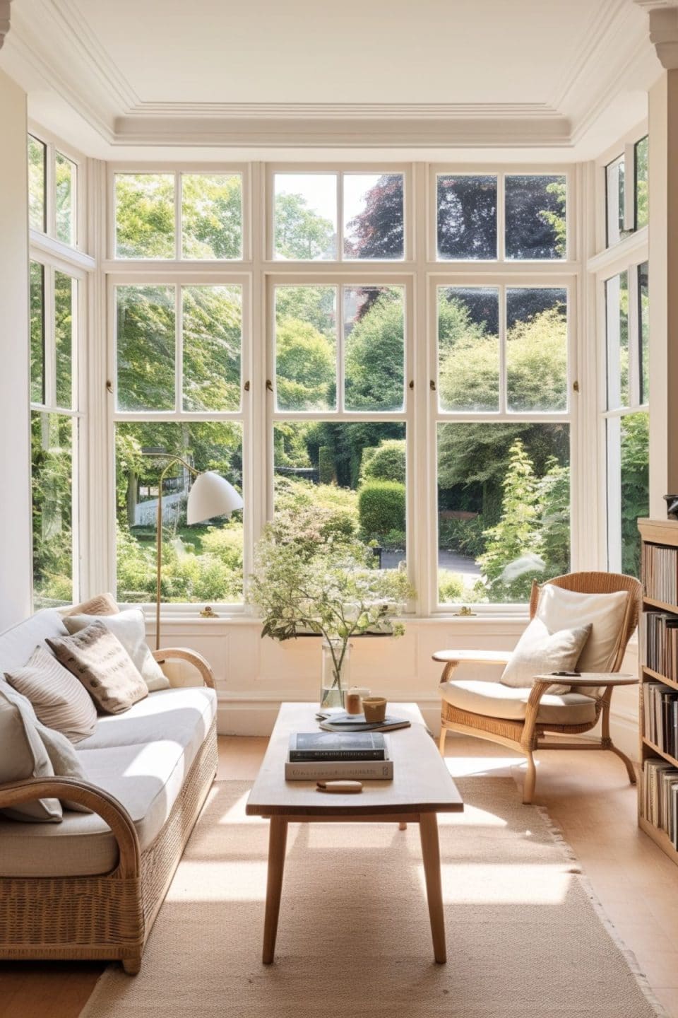 a living room with a bay window and lots of light