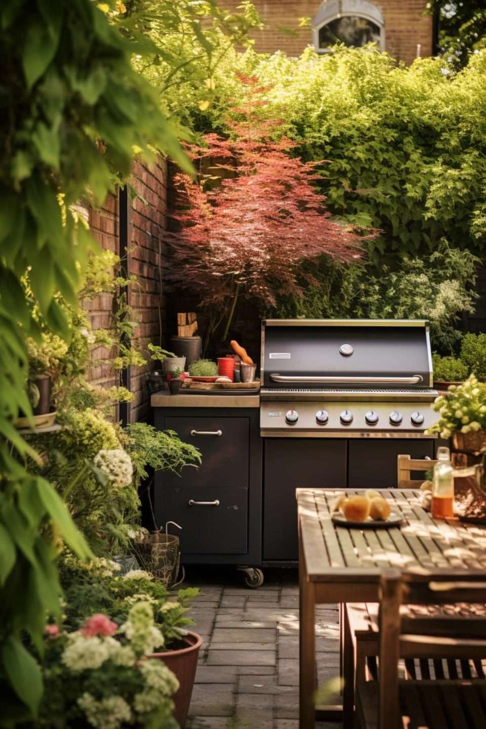 a bbq in the corner of a small garden
