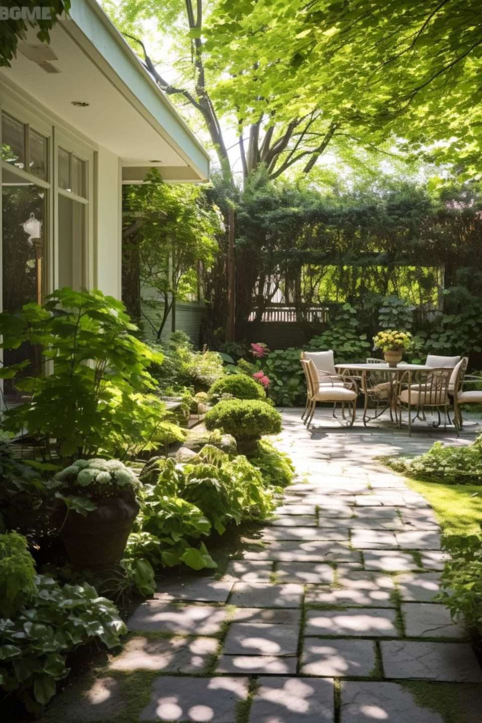a stone path and patio under trees in a garden