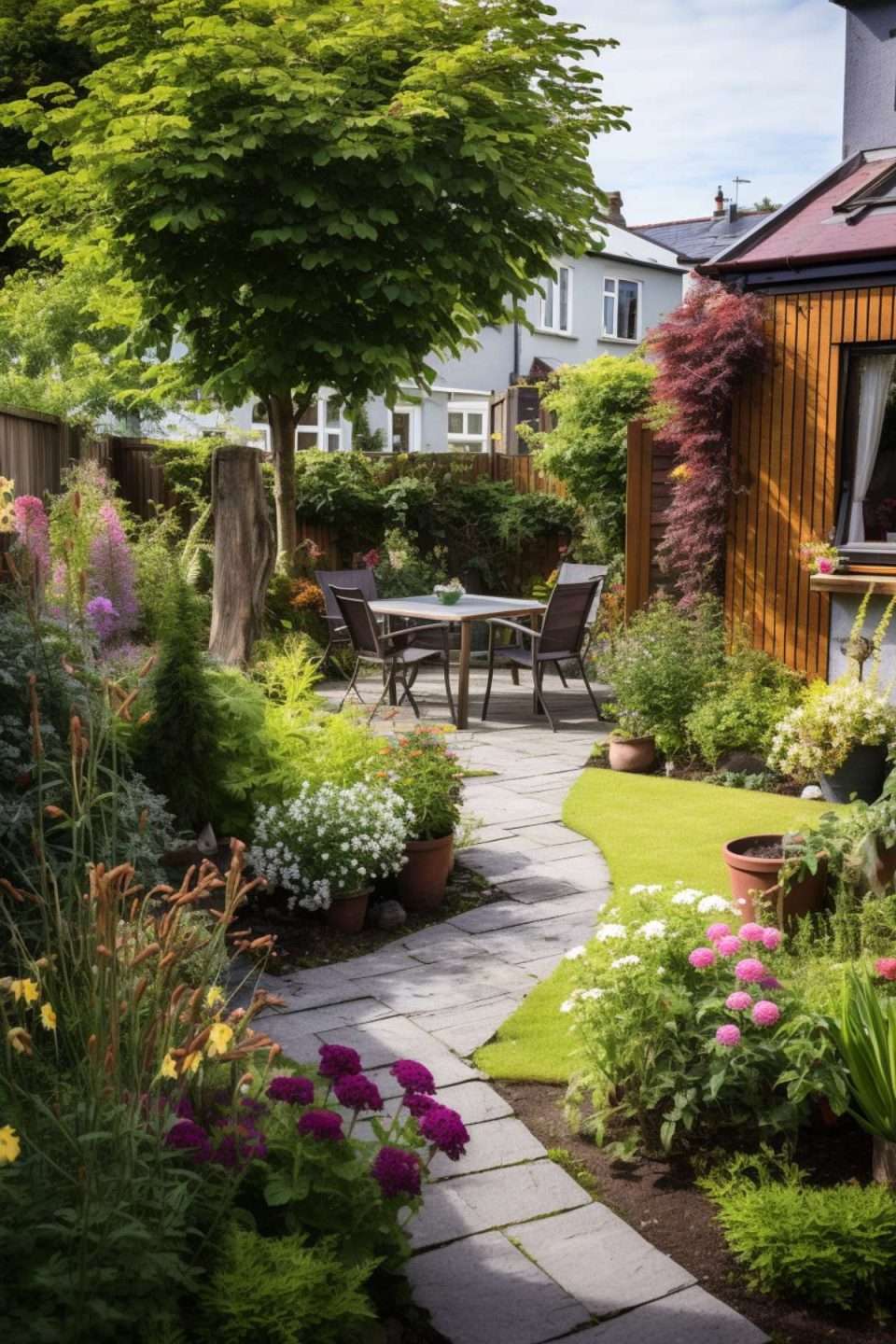 a landscaped garden with stone path ad seating area