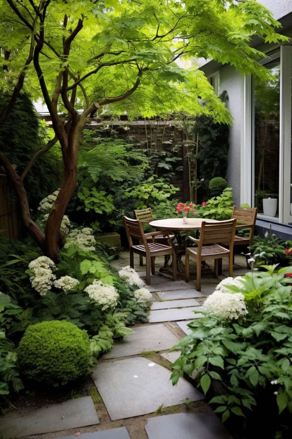 a small garden with stone pathway and a little dining area