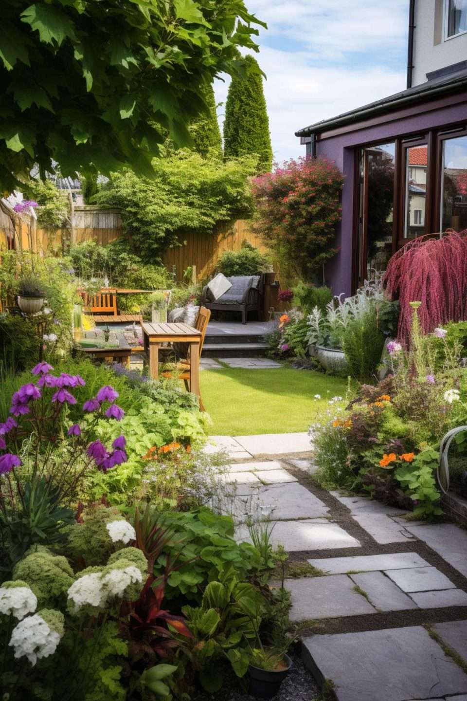 a landscaped garden with lots of colourful plants and a small lawn
