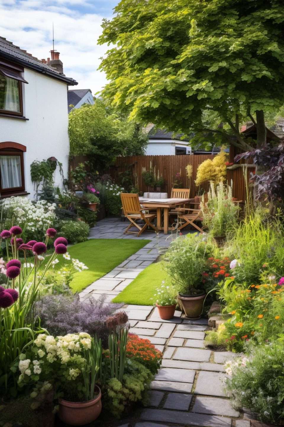 a small cottage garden with a stone path leading up to a dining area