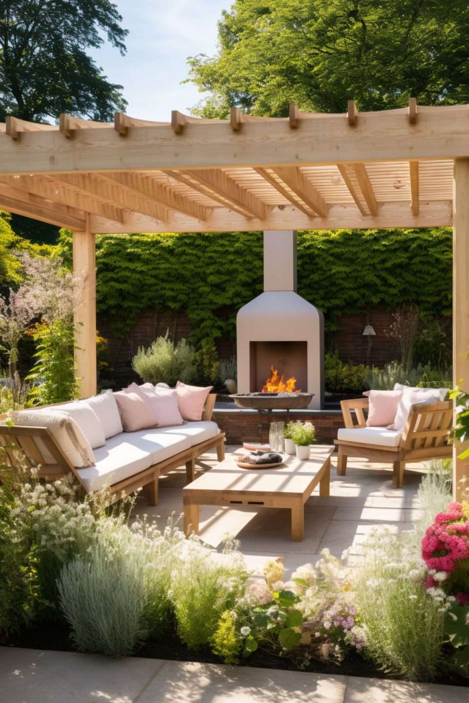 a landscaped garden with pergola, outdoor fireplace and cozy seating