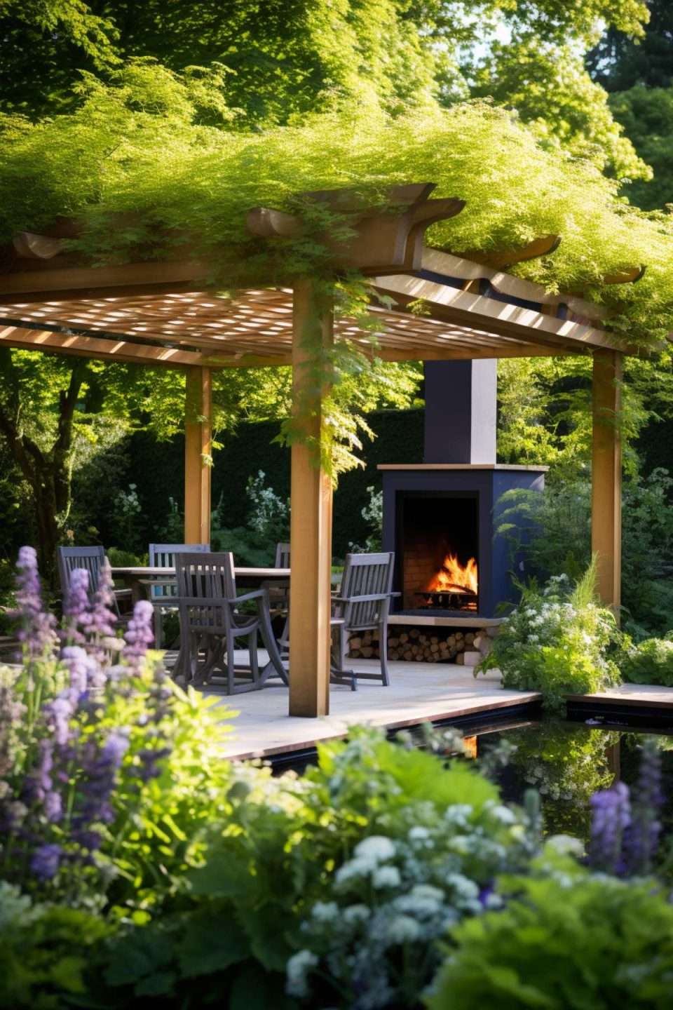 pergola on an elevated dining area in the garden with an outdoor fireplace
