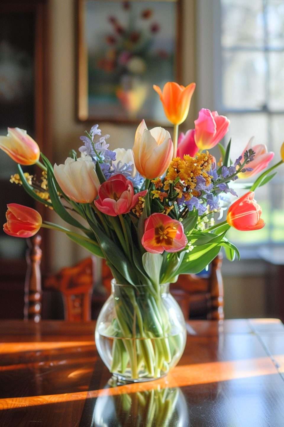 a vase of tulips and spring flowers on a dining room table