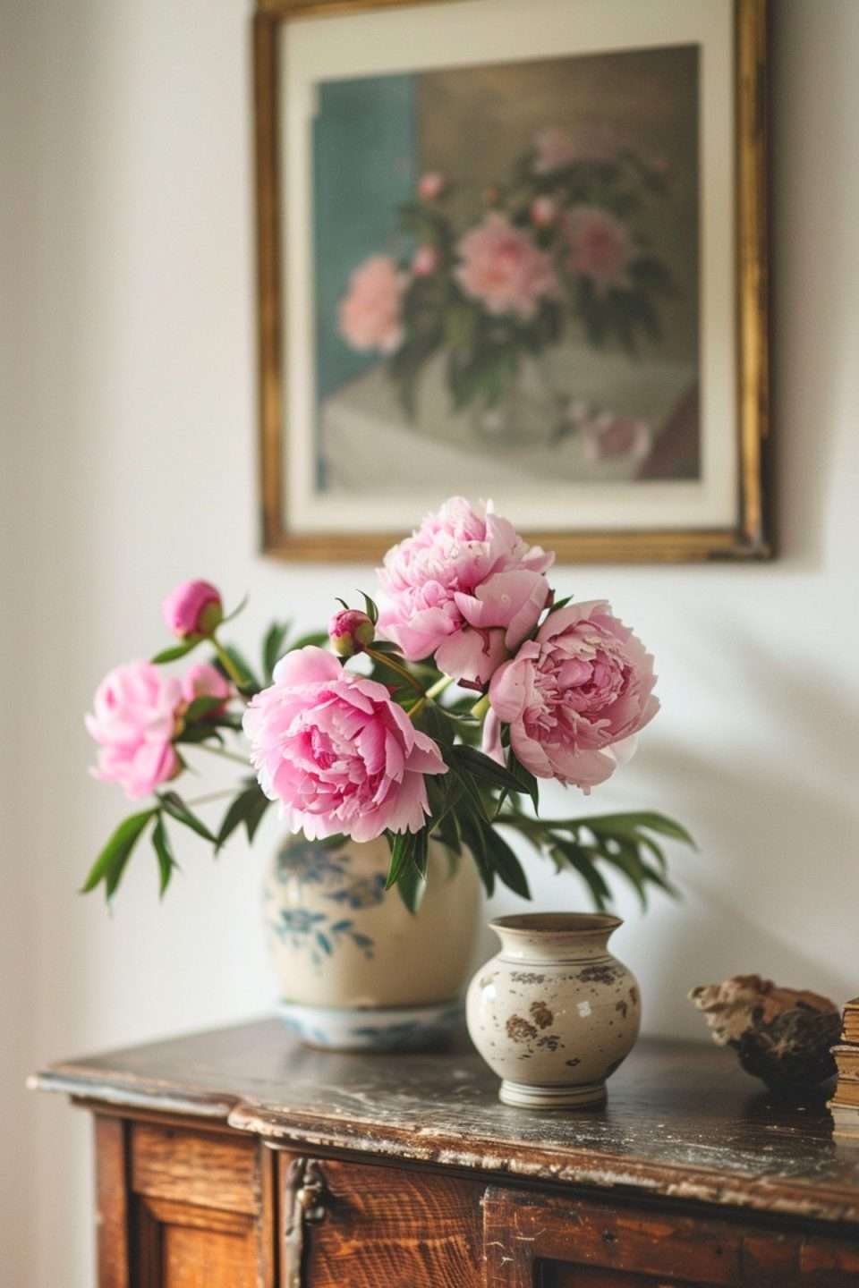 peonies on a sideboard in a living room