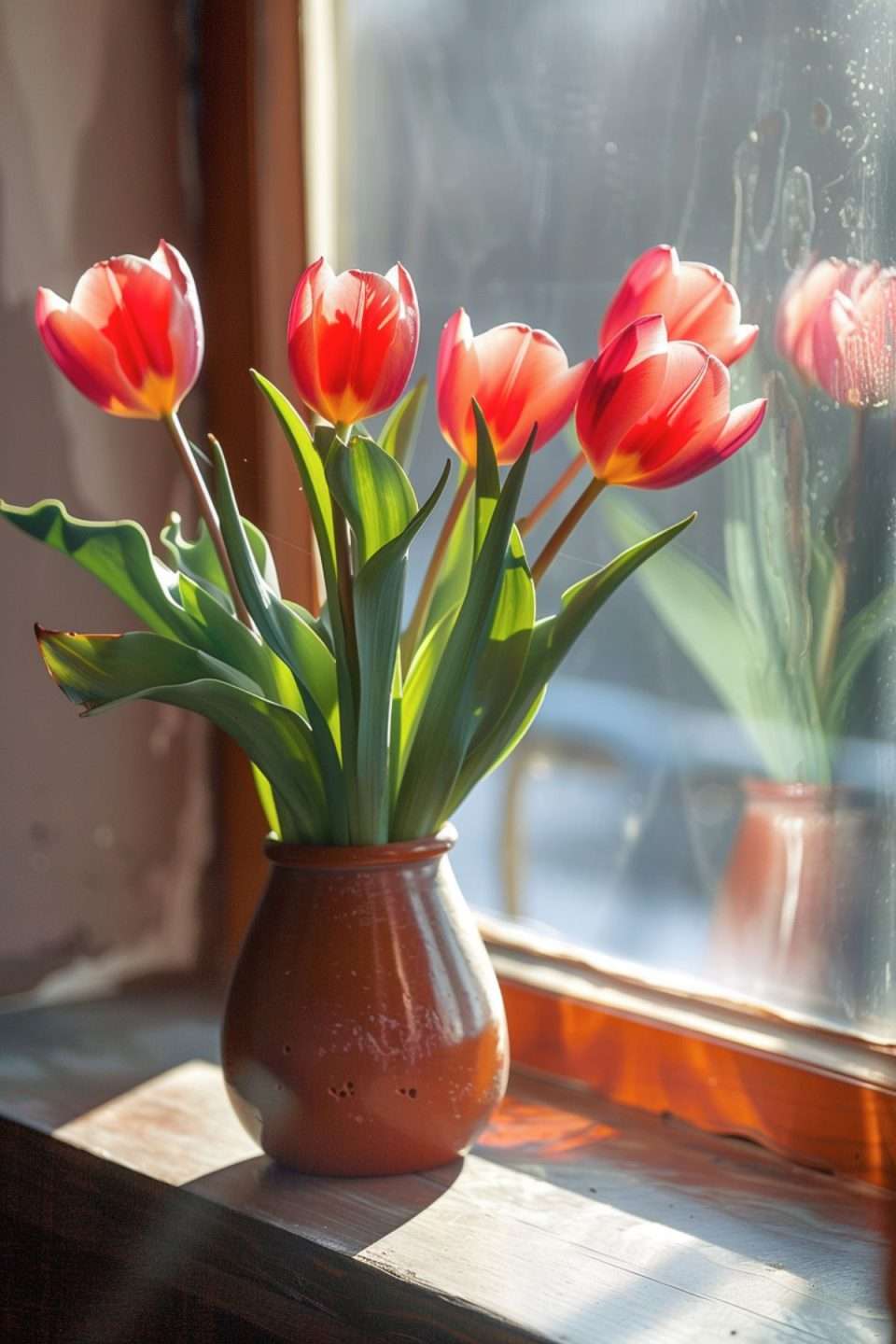 tulips on a bright windowsill