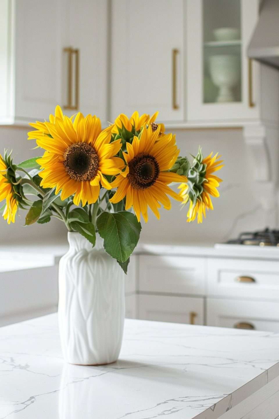 a vase of sunflowers on a marble island in a white kitchen
