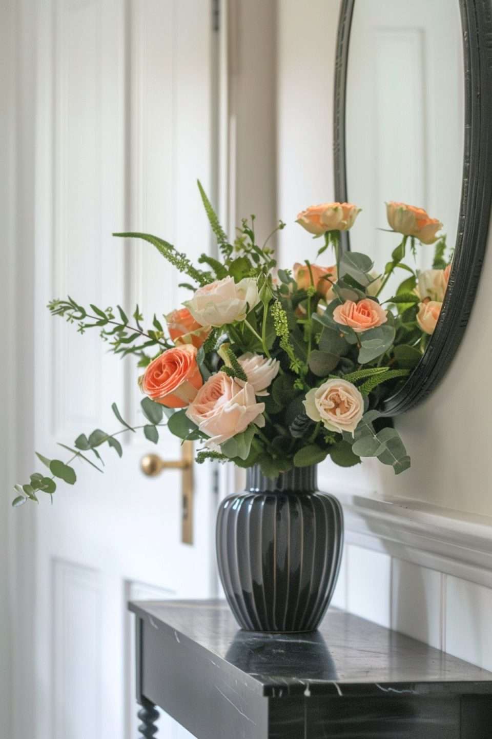 a vase of roses with eucalyptus leaves