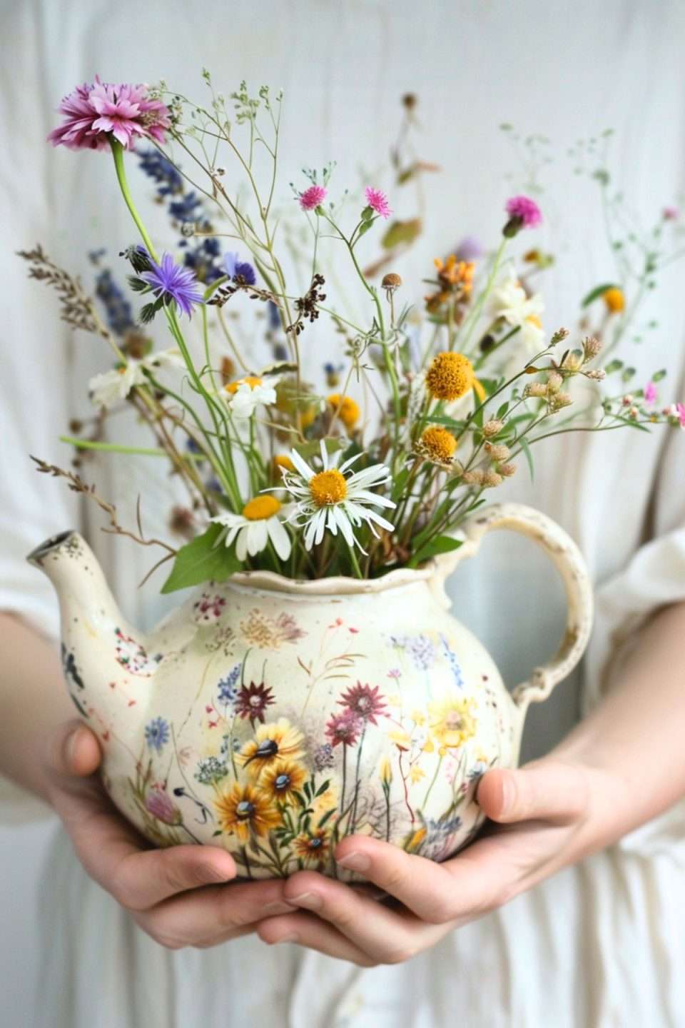 spring flowers in a vintage teapot being held by a woman