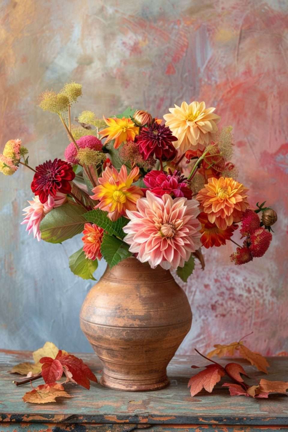 dahlias in a wood vase