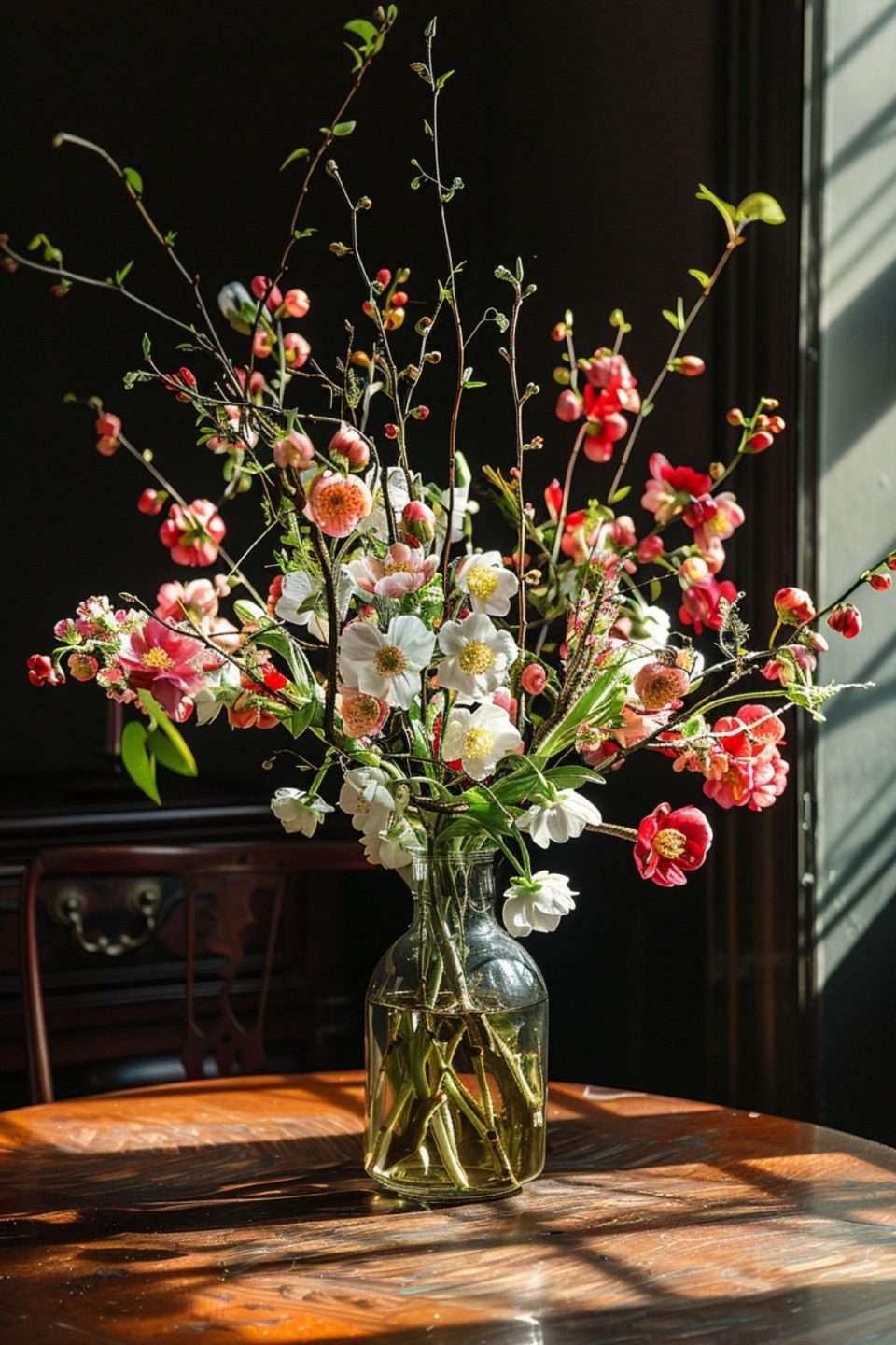 a vase of spring flowers on a dining room table