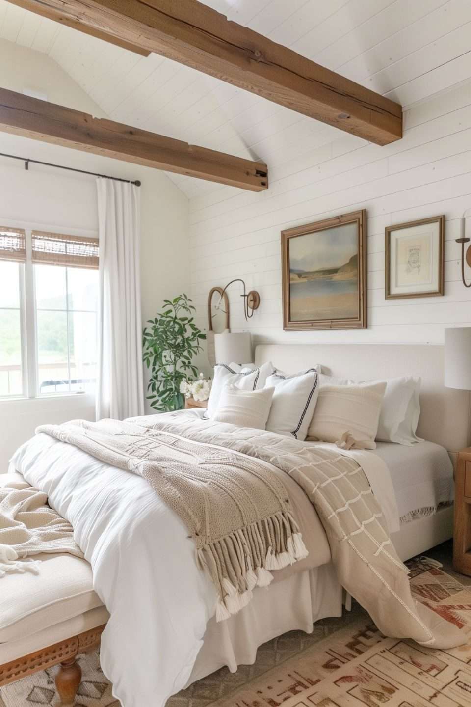 a bedroom with shiplap walls and antique artwork
