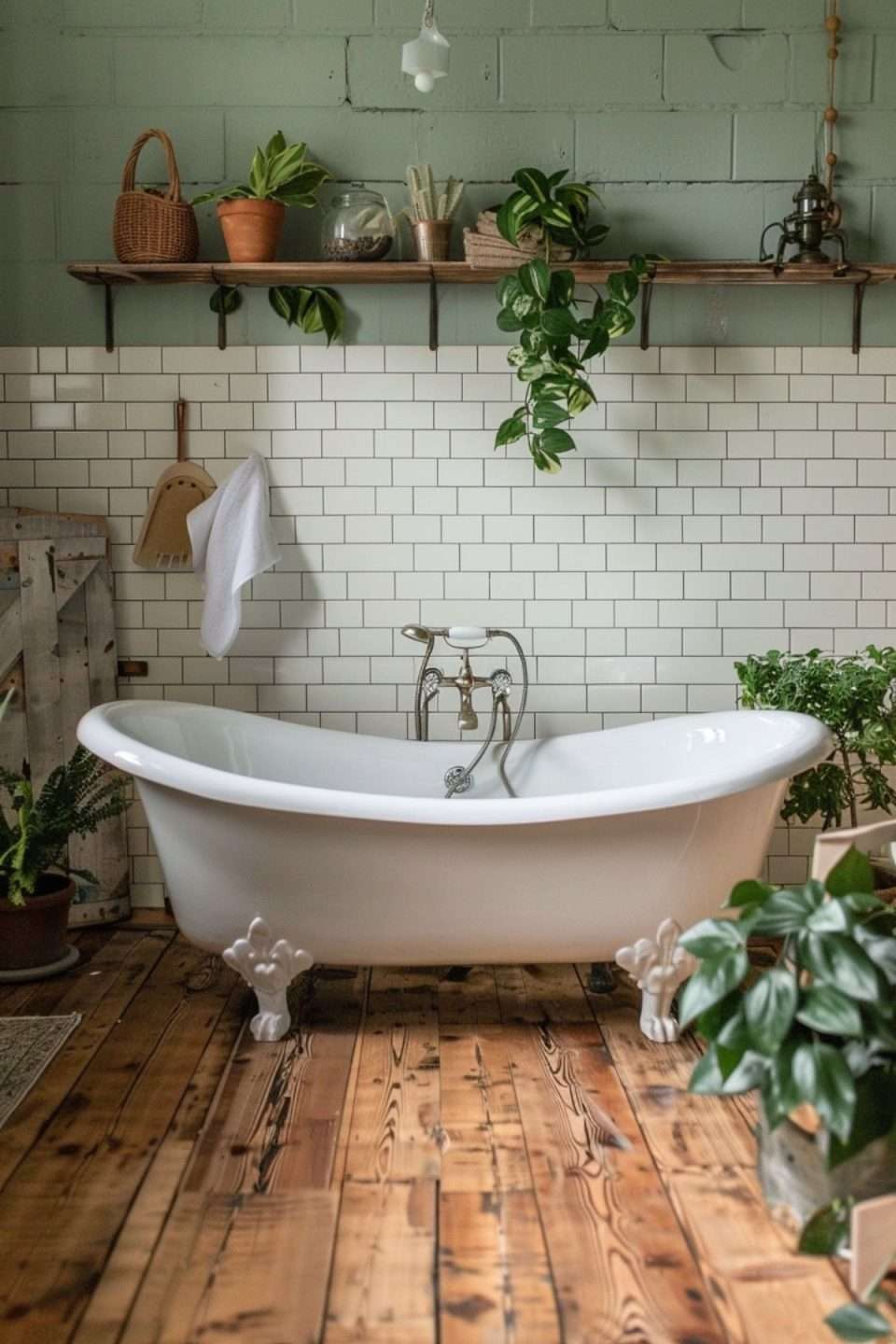 a bathroom with metro tiles, sage green walls and a shelf with plants on it