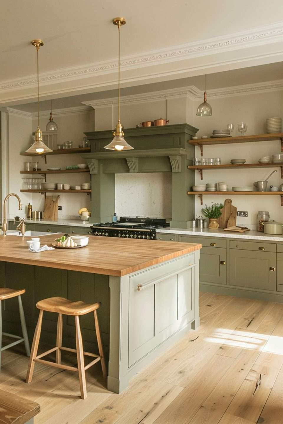 a sage green kitchen with oak worktops, oak flooring and shelves