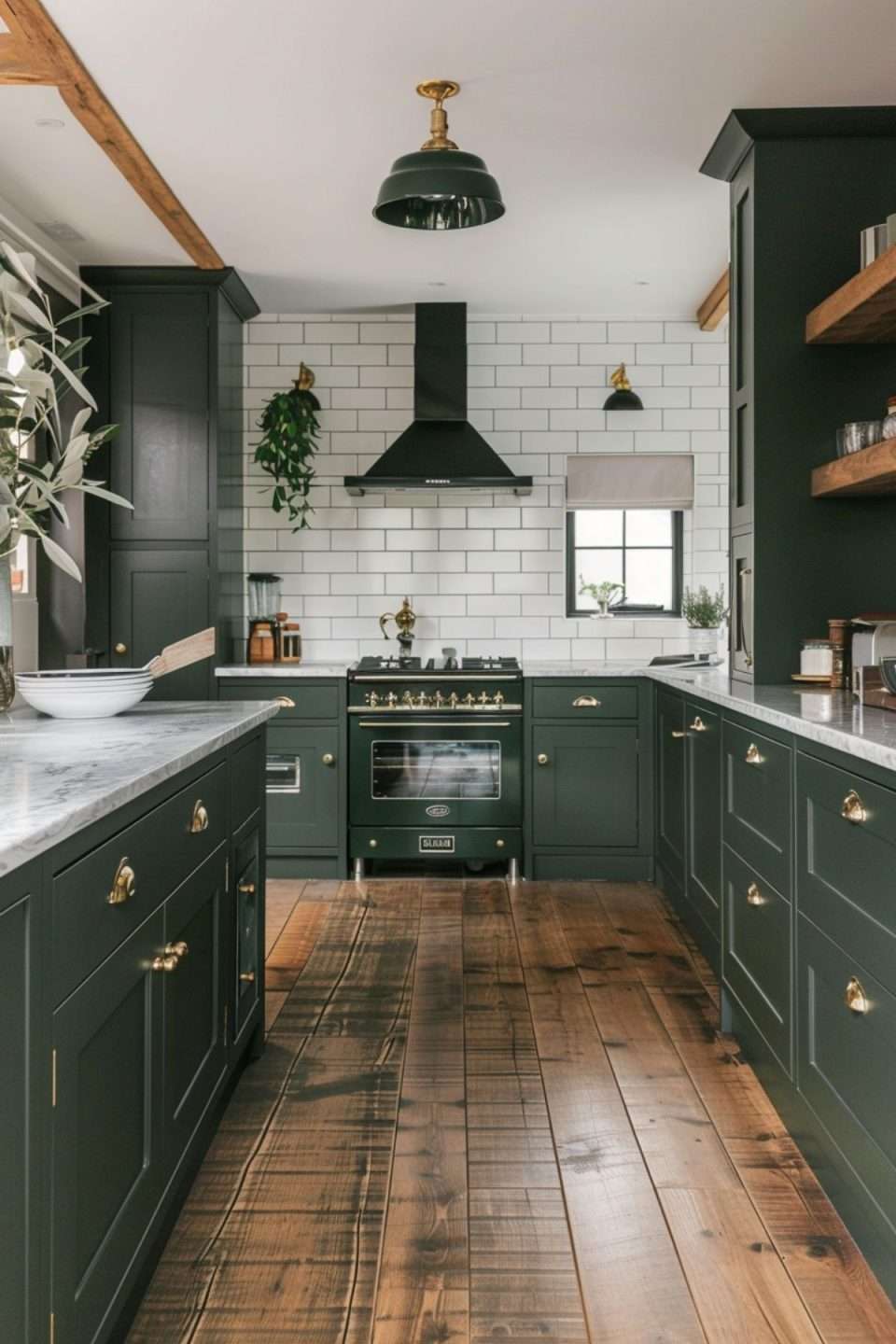 a dark green kitchen with metro tiles and oak flooring