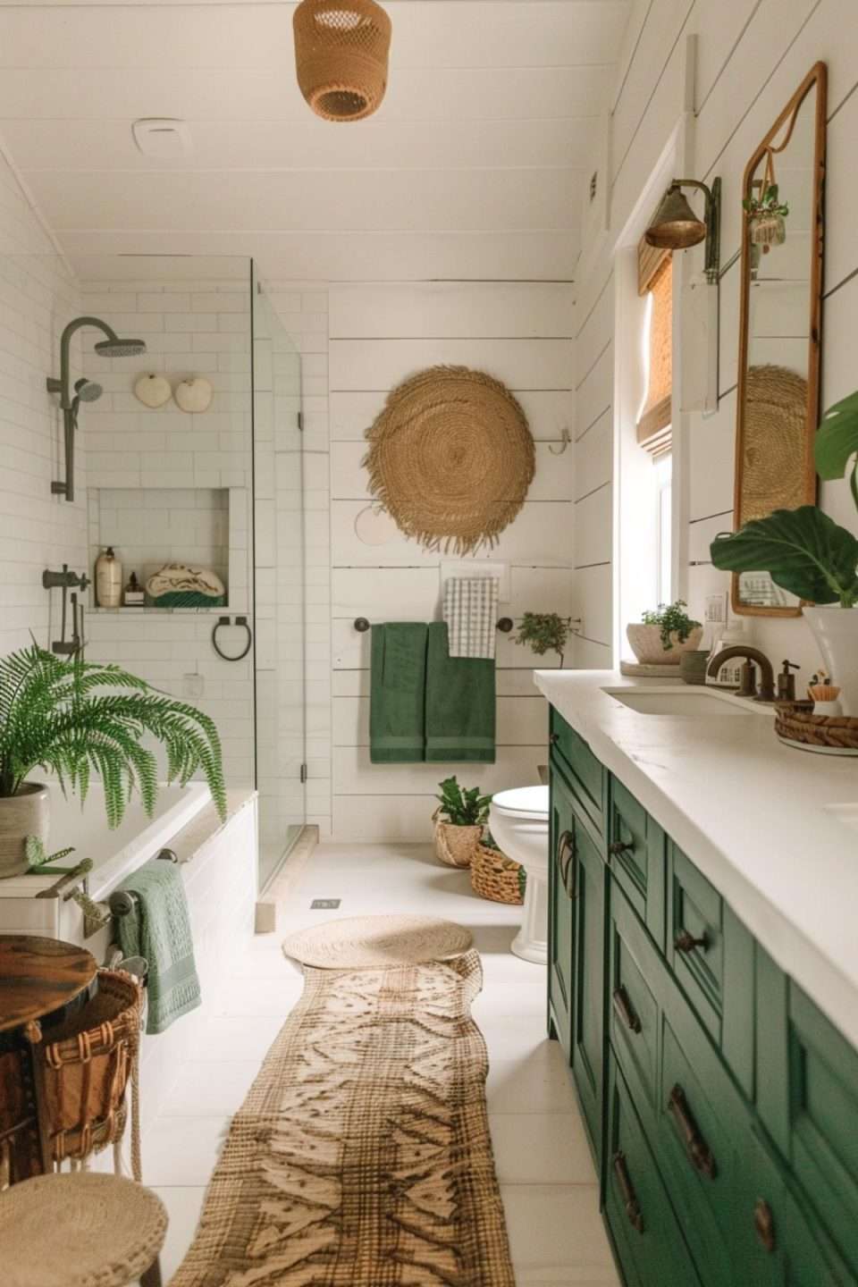 a biophilic inspired bathroom with rattan details, white shiplap and green accents