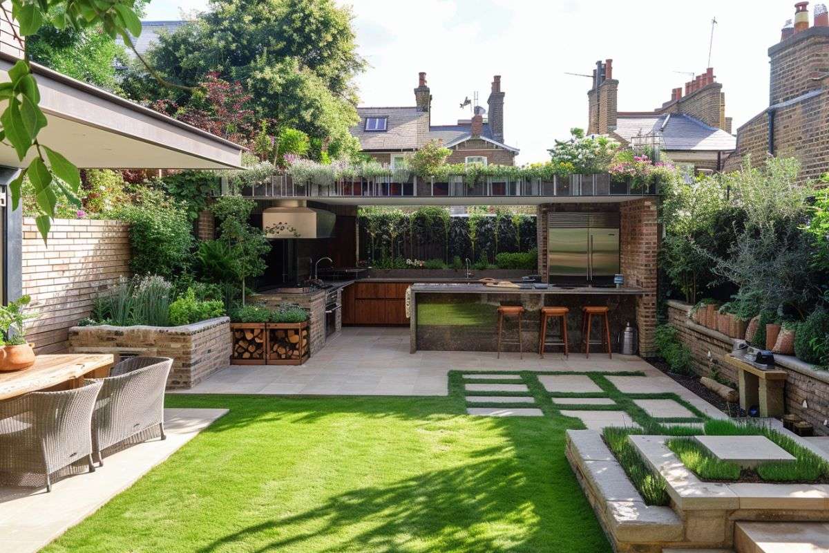 an outdoor kitchen with landscaped garden and lawn and seating area