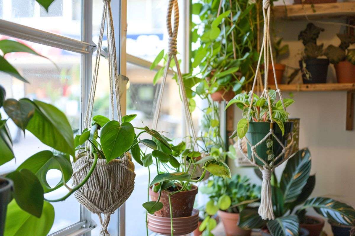 plants hanging in macrame hangers