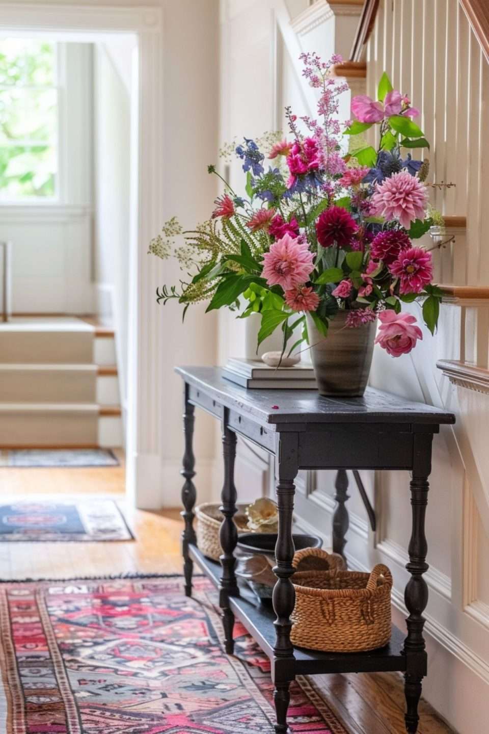 faux flowers on a console table in the hallway