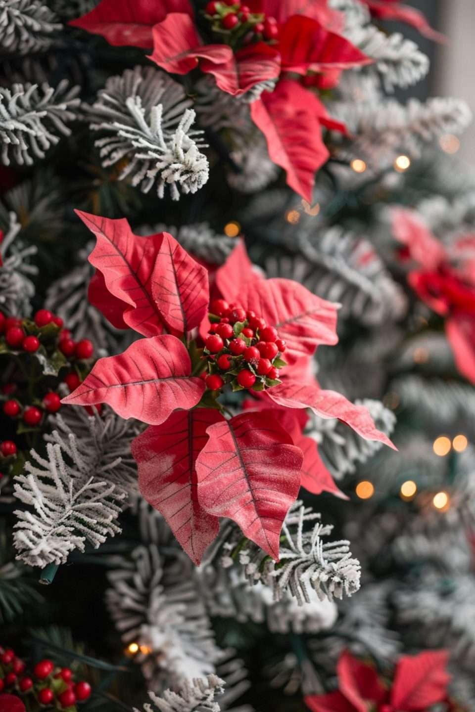 Faux poinsettias on a christmas tree