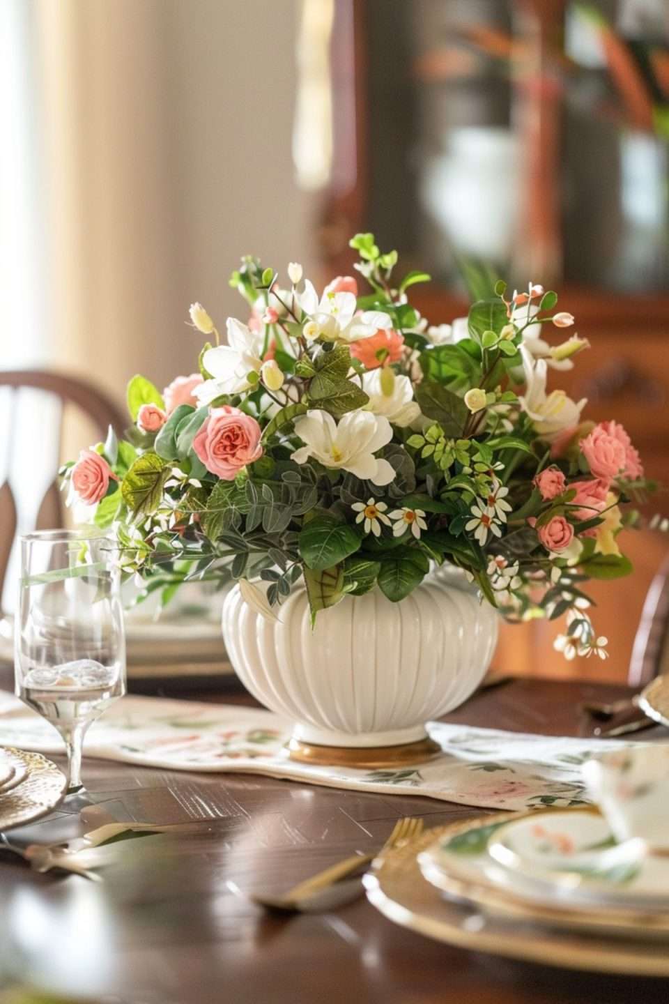 a faux flower centrepiece on a table