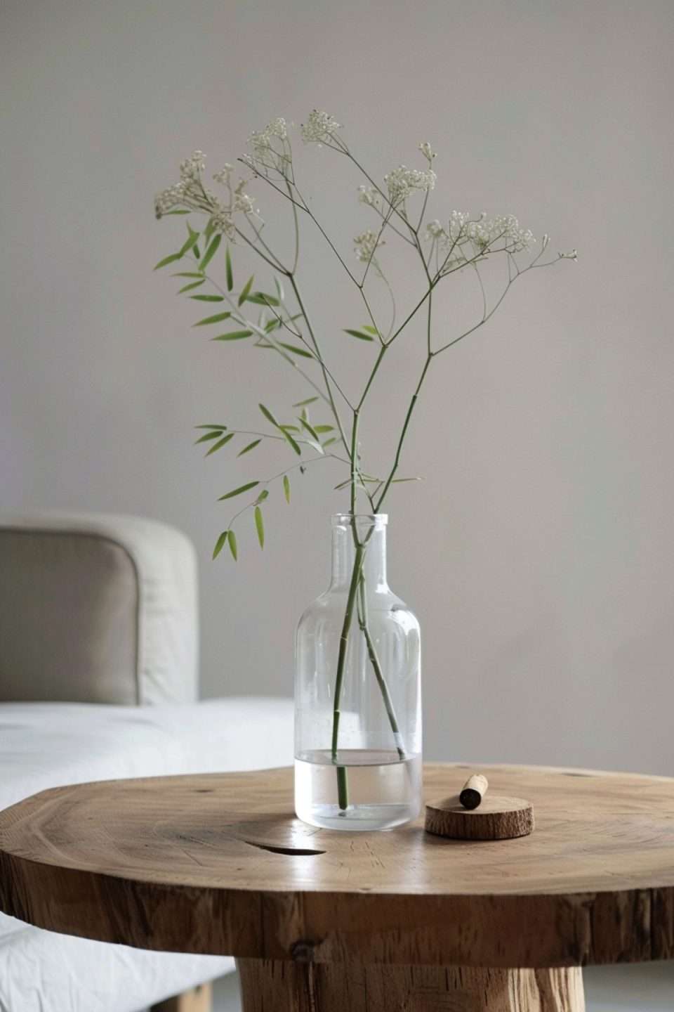 a single stem faux flower in a glass vase on a wooden table