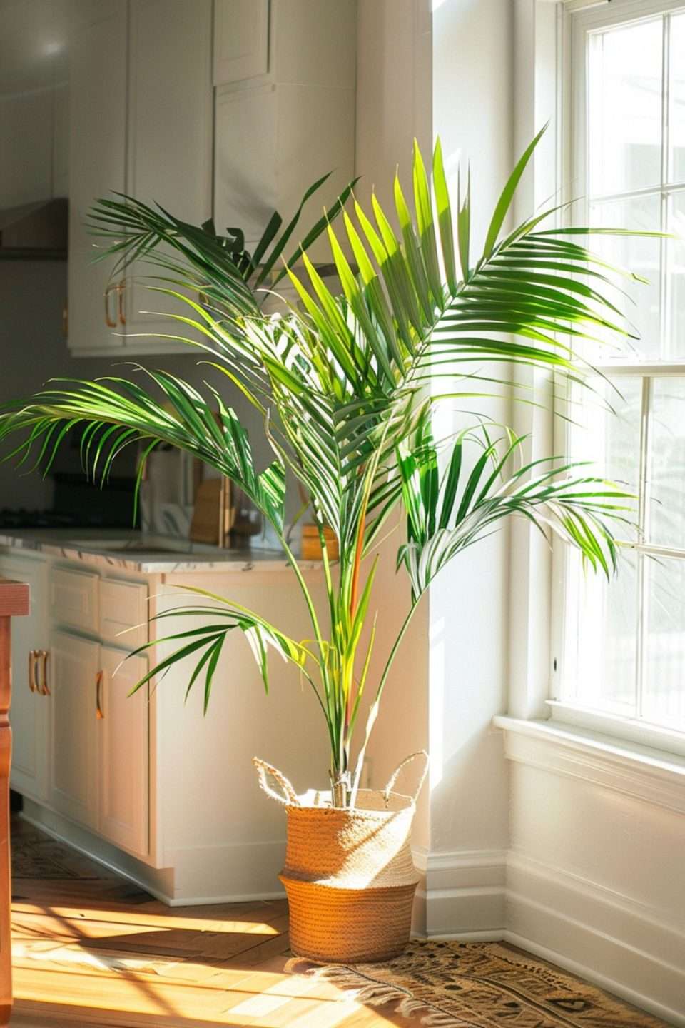 a faux palm in a wicker pot in the kitchen