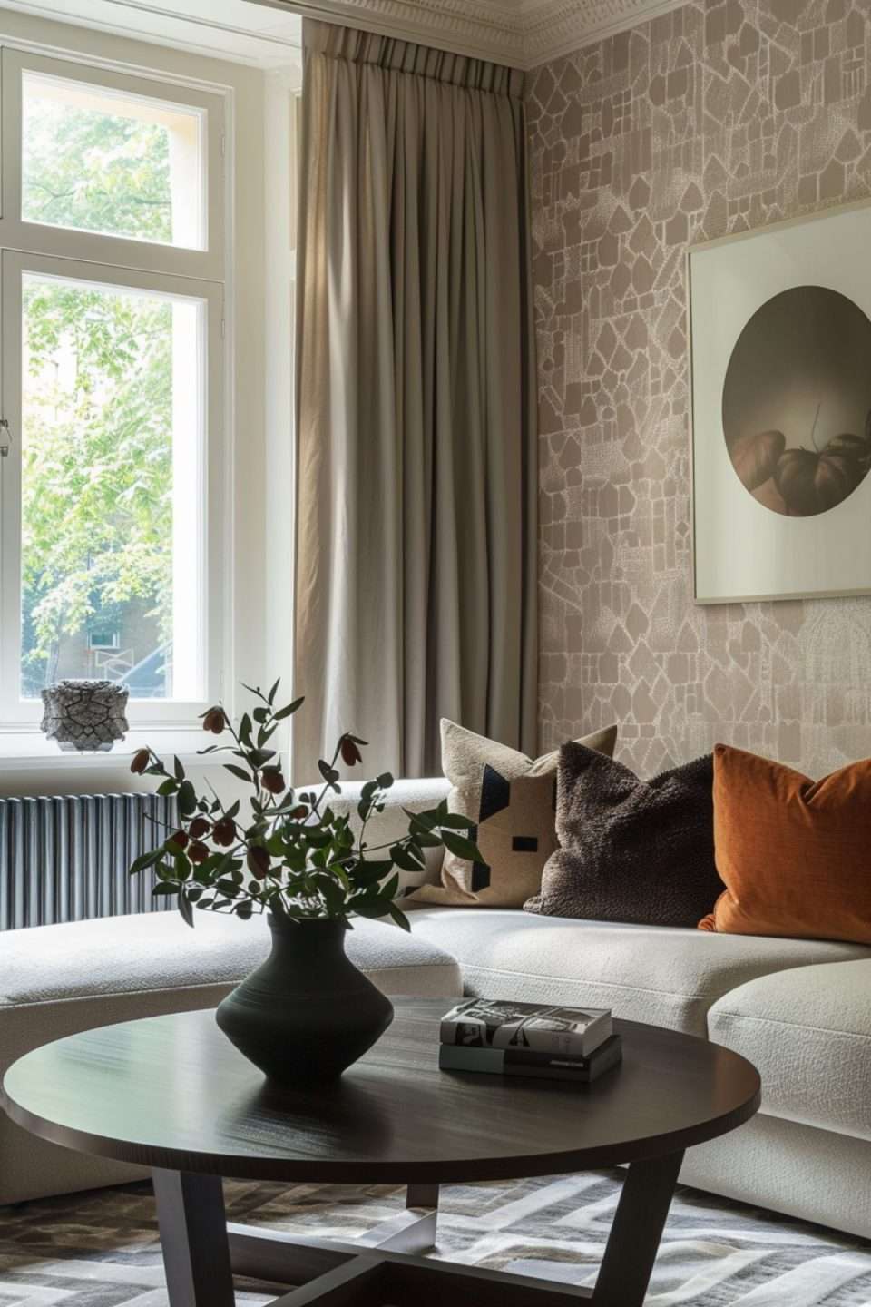 a living room with cream sofa and geometric wallpaper