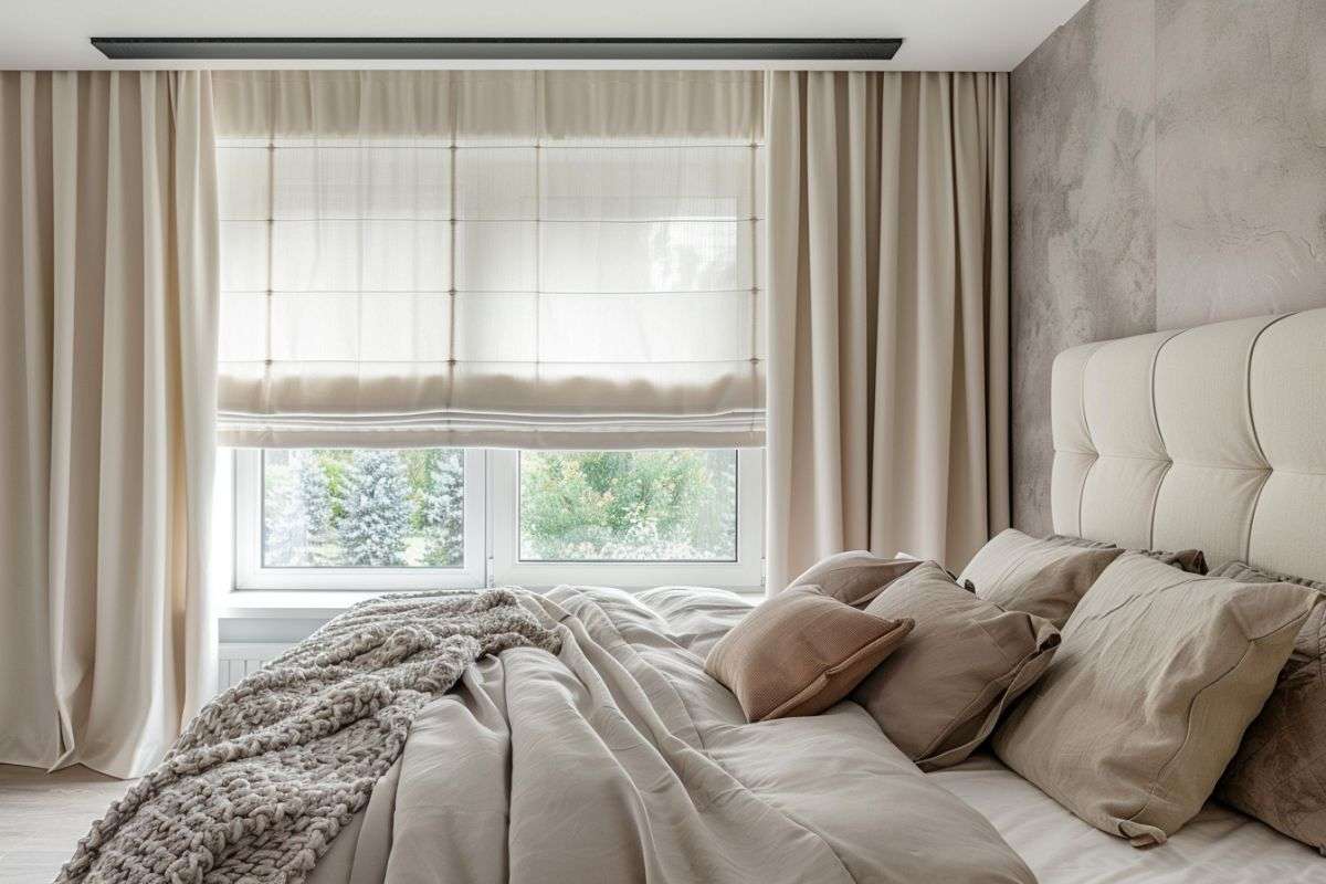 a bedroom with heavy curtains