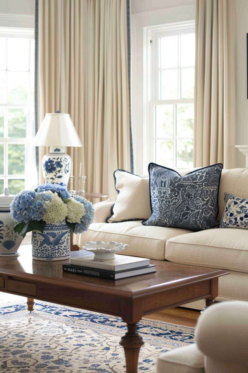 a traditional living room with pops of blue
