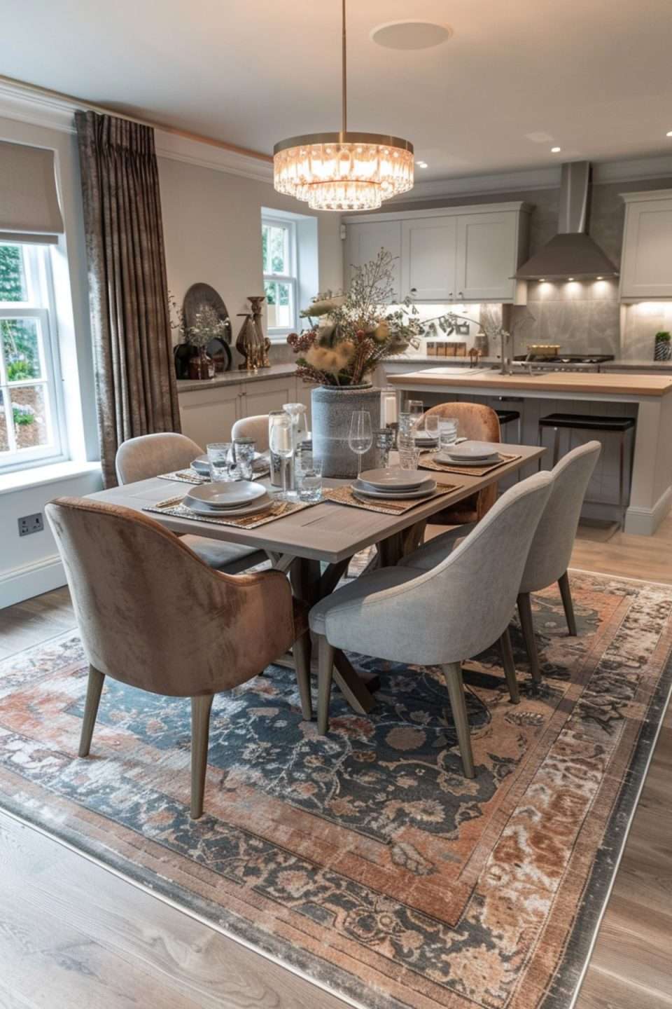 a open plan dining room and kitchen with large area rug